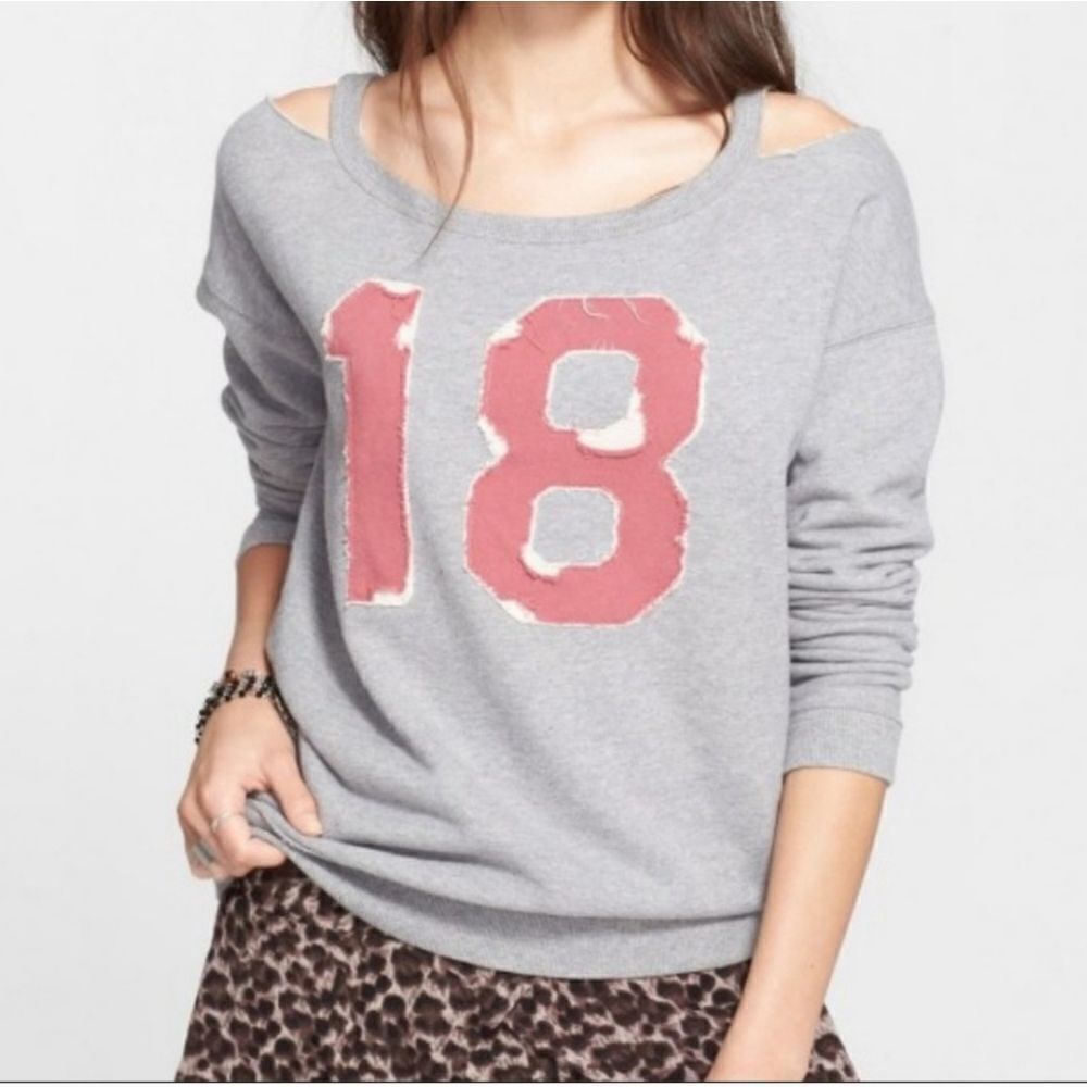 Free People French Terry Off the Shoulder Stadium Sweatshirt XS Grey 100 Cotton